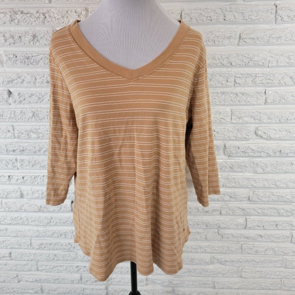 Isaac Mizrahi Live Womens Top 1X Plus Tee 3/4 Sleeve Tan Stripe STR157E